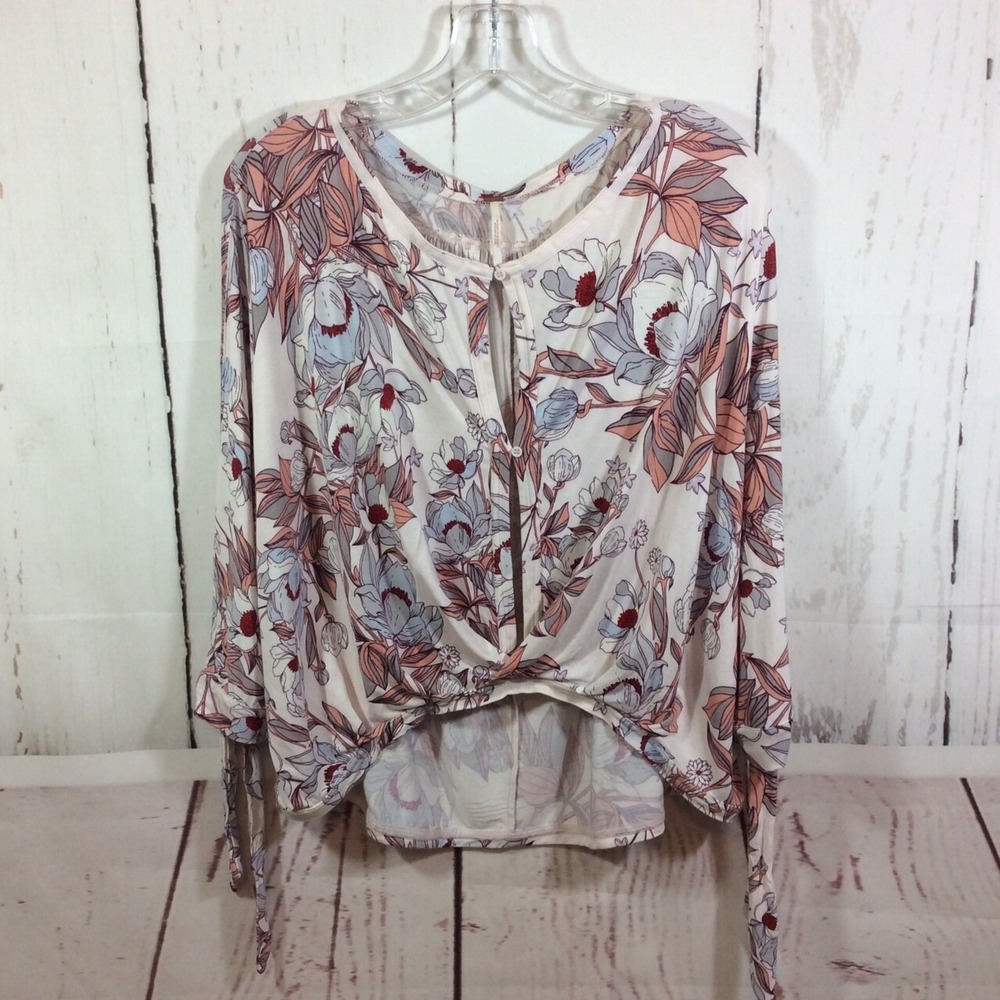 Free People Keepin On Top Womens S Peak-a-Boo Floral Tie Sleeve Knit Blouse Boho